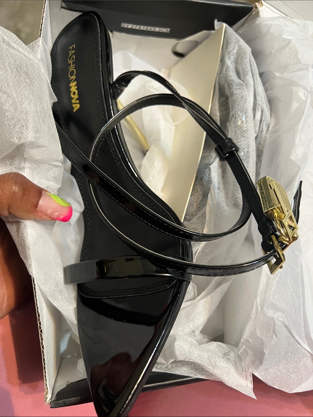 Fashion Nova Black Patent Pointed-Toe Strappy Heel with Gold Buckle